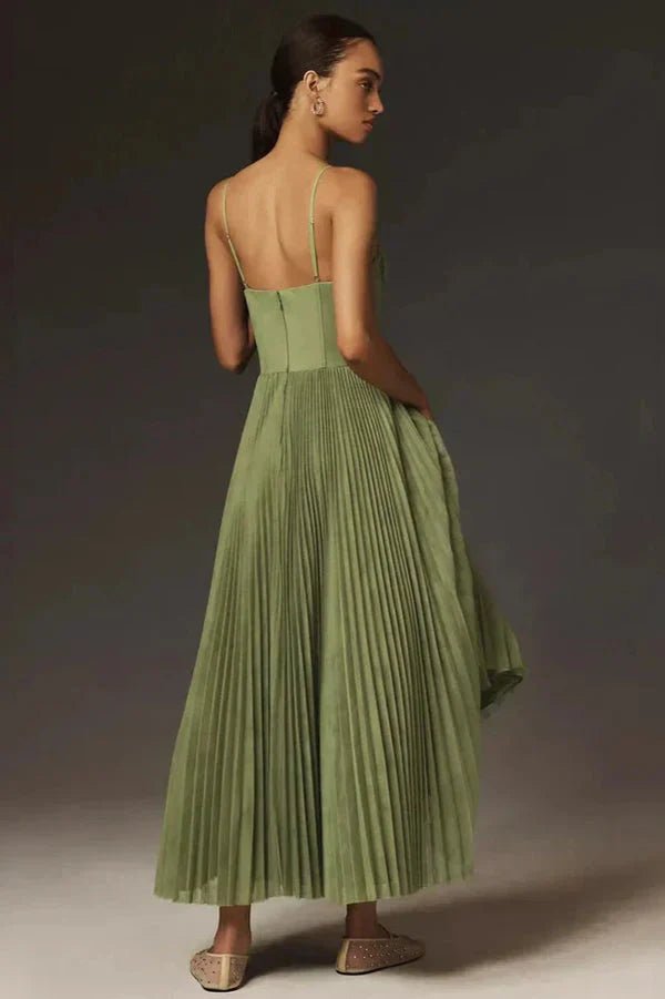Pleated Corset Midi Dress – Elegant Green Silhouette - Mason Luxor