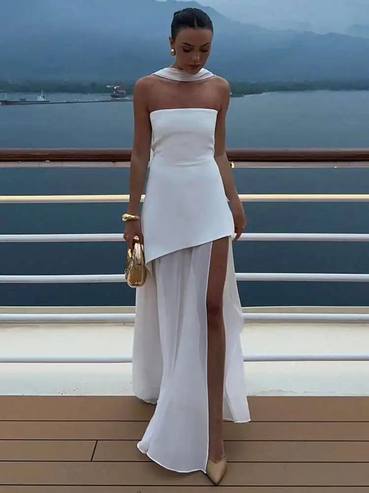 Elegant Strapless Chiffon Overlay Maxi Dress – Formal Gown with High Slit - Mason Luxor