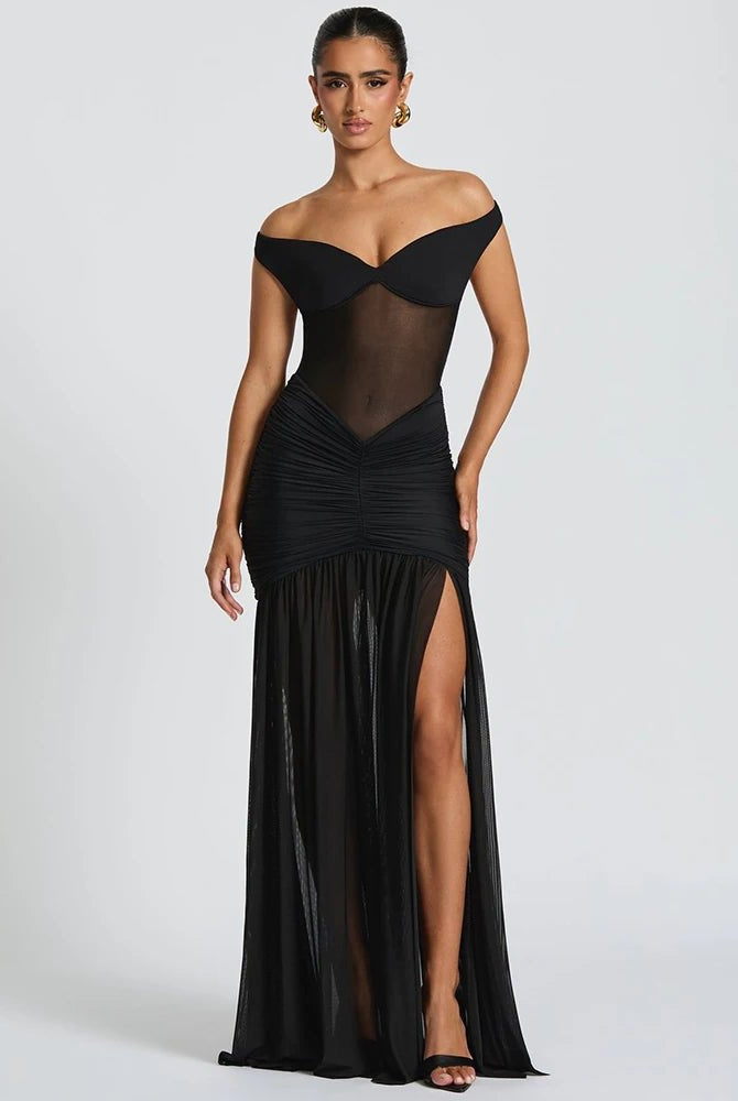 Elegant Maxi Dress for Women – Off Shoulder Long Evening Gown with Slit - Mason Luxor