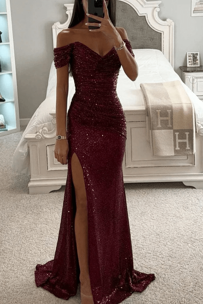 Elena | Off Shoulder Sequin Maxi Dress - Mason Luxor