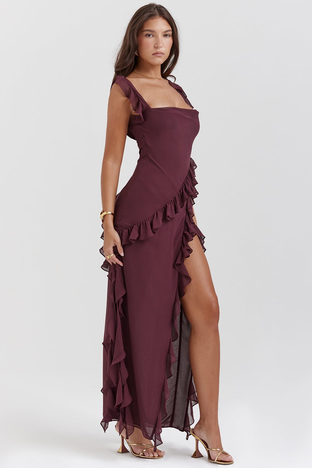 Mason | Elegant Ruffle Maxi Dress with Front Slit - Mason Luxor