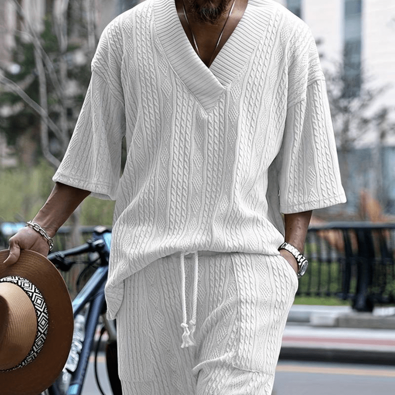 Mason Luxor Men Fashion Men Summer Sets Mason | Men’s Knitted Co-ord Set – Short Sleeve Top & Shorts - Men Summer essential V-Neck