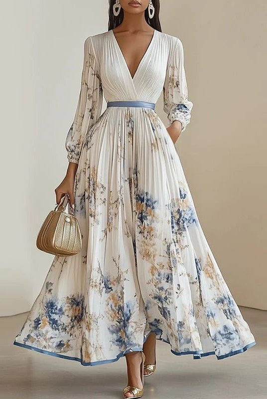 Mason | Women's Elegant Pleated Floral Maxi Dress – Long Sleeve V - Neck Gown - Mason Luxor Men Fashion