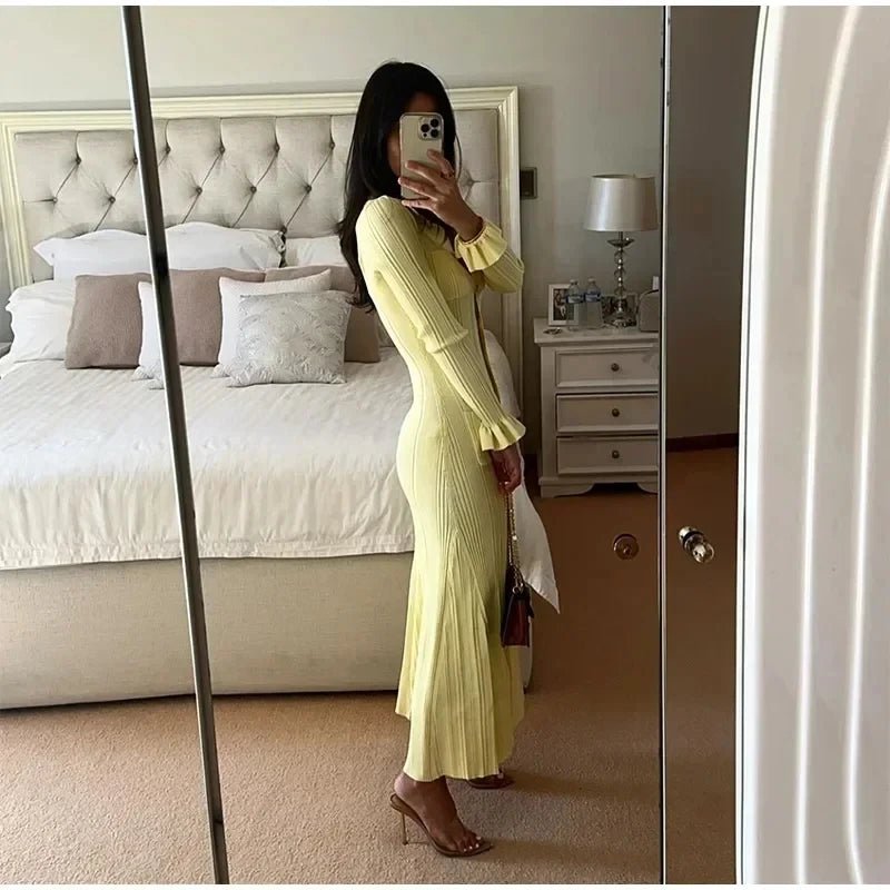Mason | Chic Ribbed Button - Up Dress Long Sleeve – Yellow Knit Midi - Mason Luxor