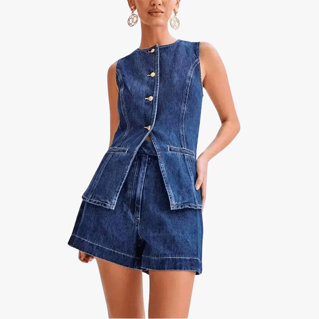 Mason | Women’s 2 - Piece Denim Set – Sleeveless Button - Up Vest & High - Waist Shorts - Mason Luxor Men Fashion
