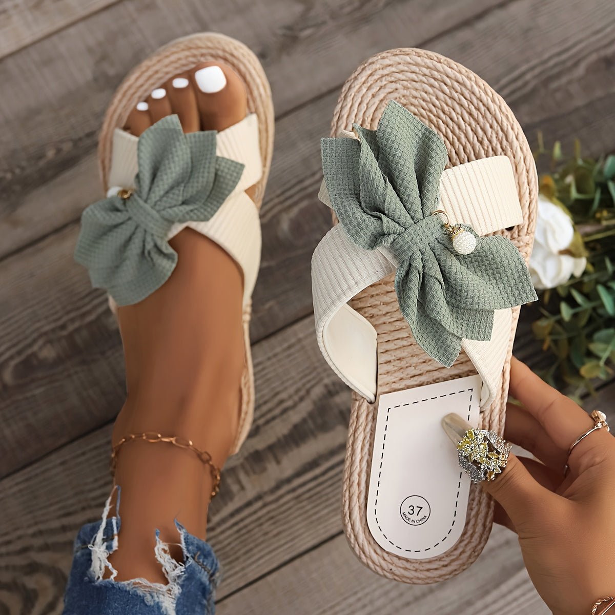 Mason | Women’s Bow Knot Summer Sandals – Slip - On Flat Slides with Woven Sole - Mason Luxor Men Fashion