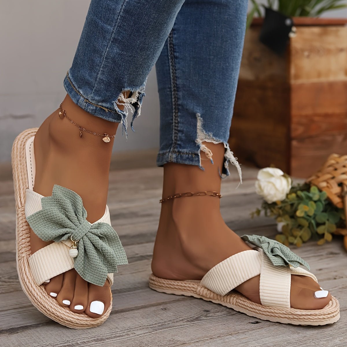 Mason | Women’s Bow Knot Summer Sandals – Slip - On Flat Slides with Woven Sole - Mason Luxor Men Fashion