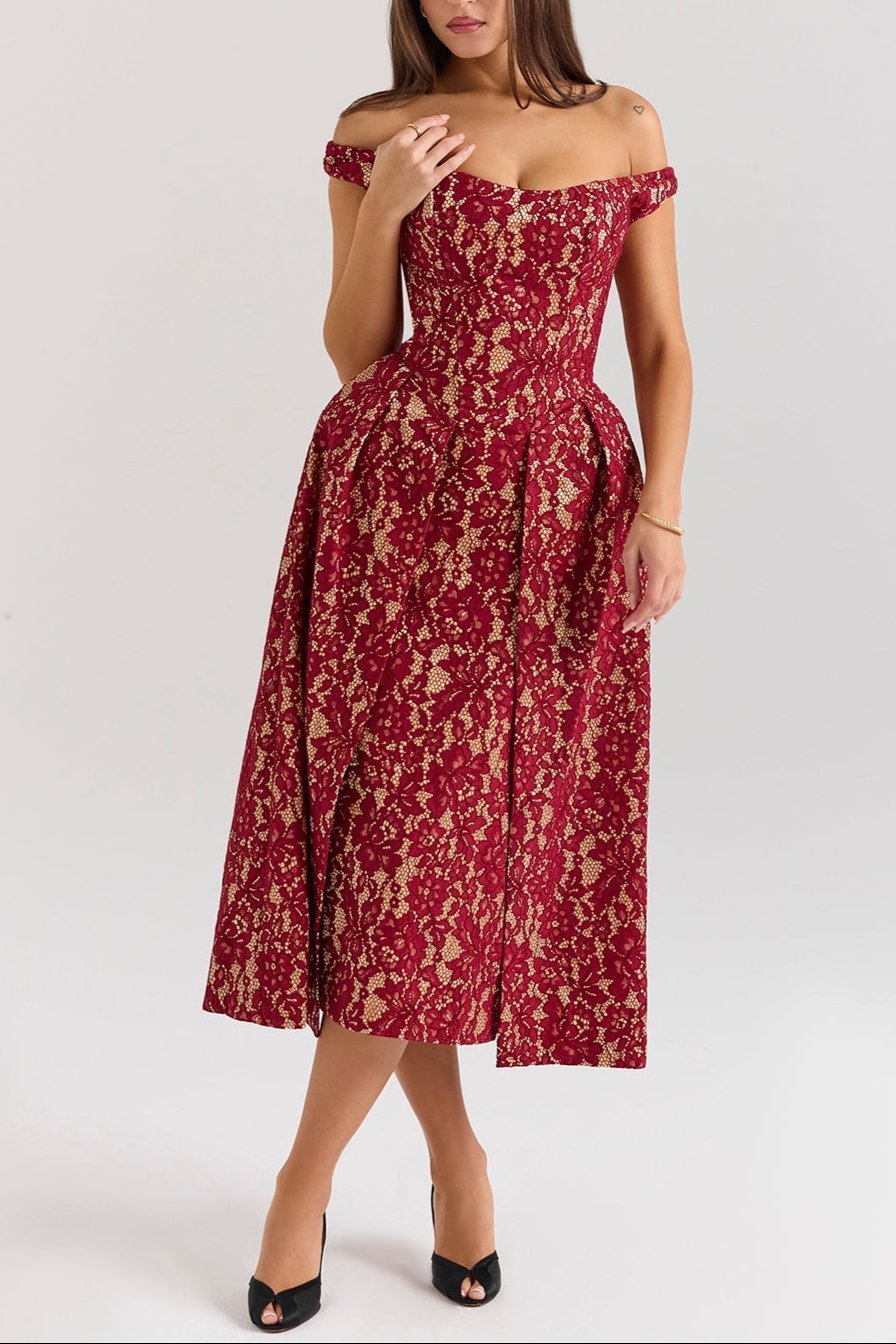 Mason | Gold & Berry Lace Off - Shoulder Midi Dress - Mason Luxor