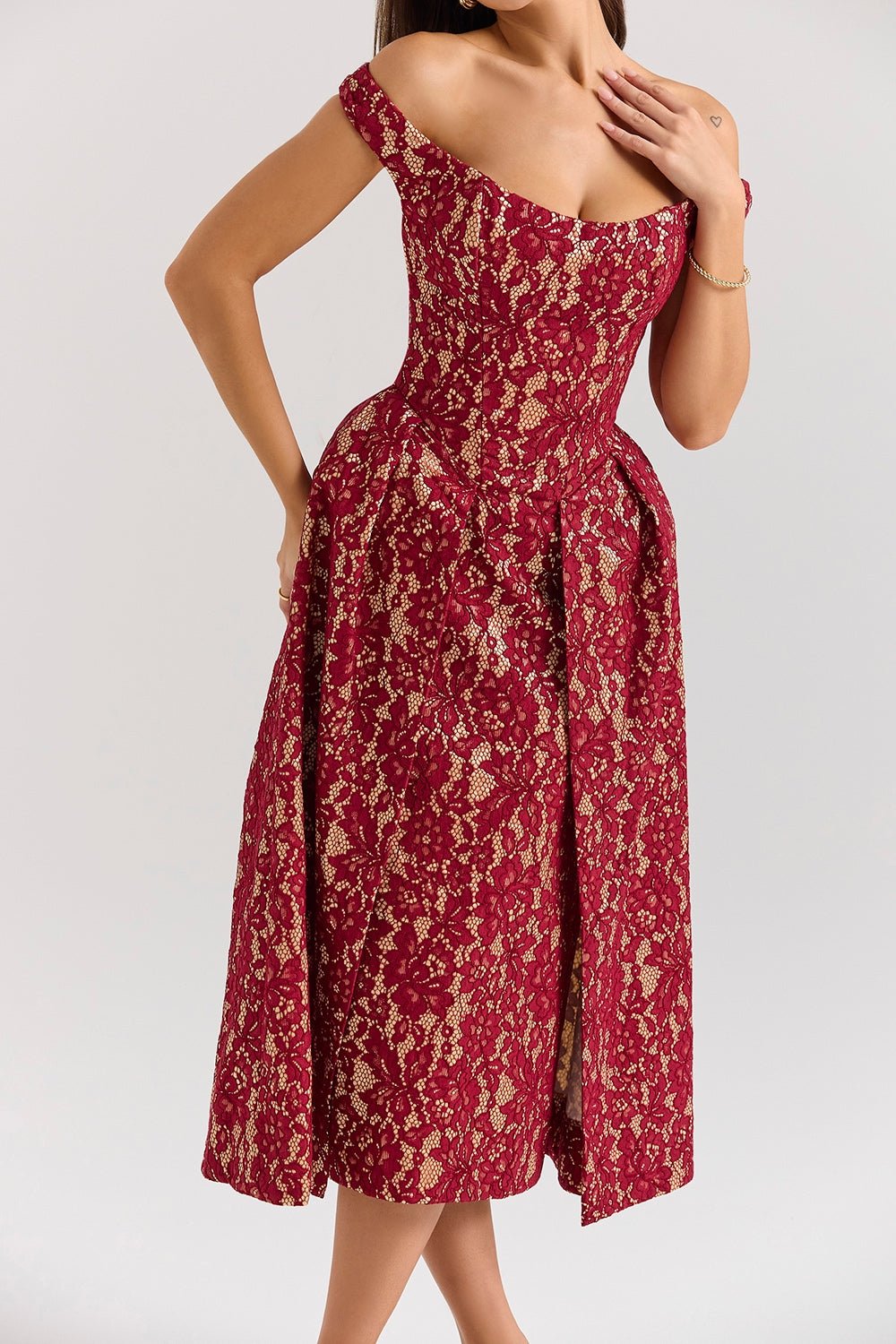 Mason | Gold & Berry Lace Off - Shoulder Midi Dress - Mason Luxor