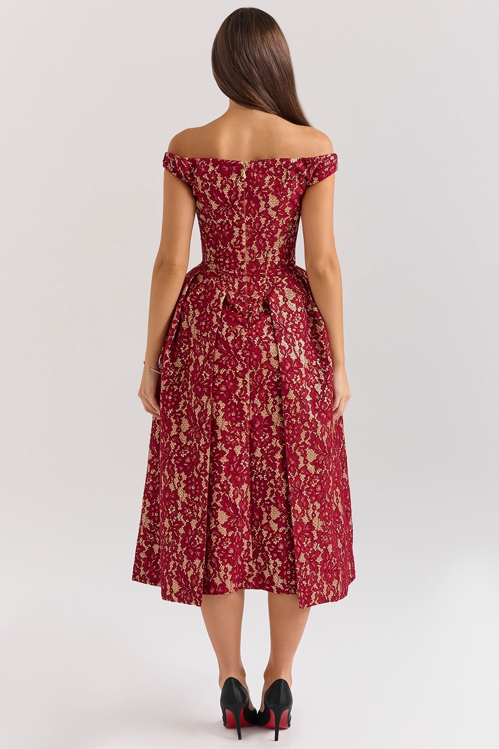 Mason | Gold & Berry Lace Off - Shoulder Midi Dress - Mason Luxor