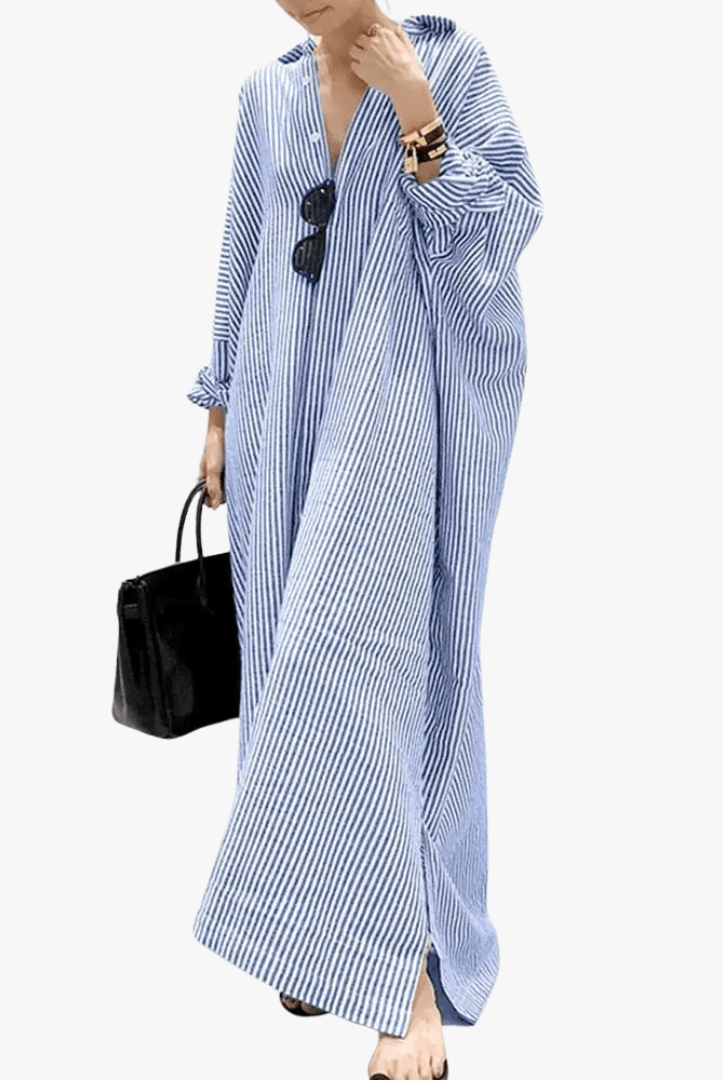 Mason | Women's Oversized Striped Cotton Kaftan Dress – Long Sleeve V - Neck Maxi - Mason Luxor Men Fashion