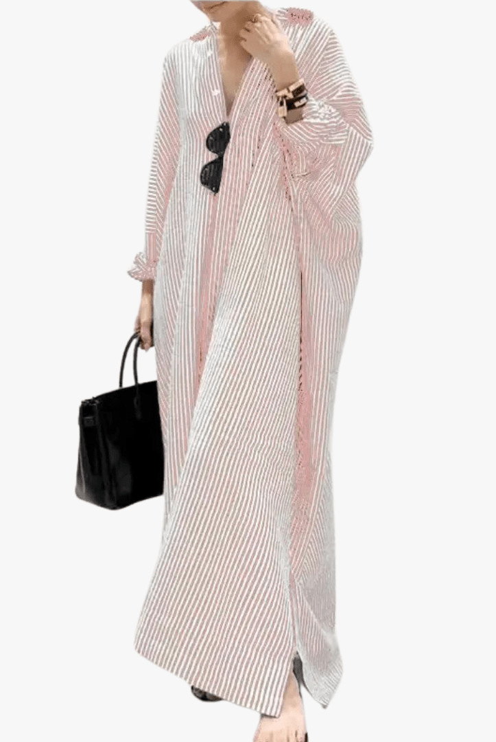 Mason | Women's Oversized Striped Cotton Kaftan Dress – Long Sleeve V - Neck Maxi - Mason Luxor