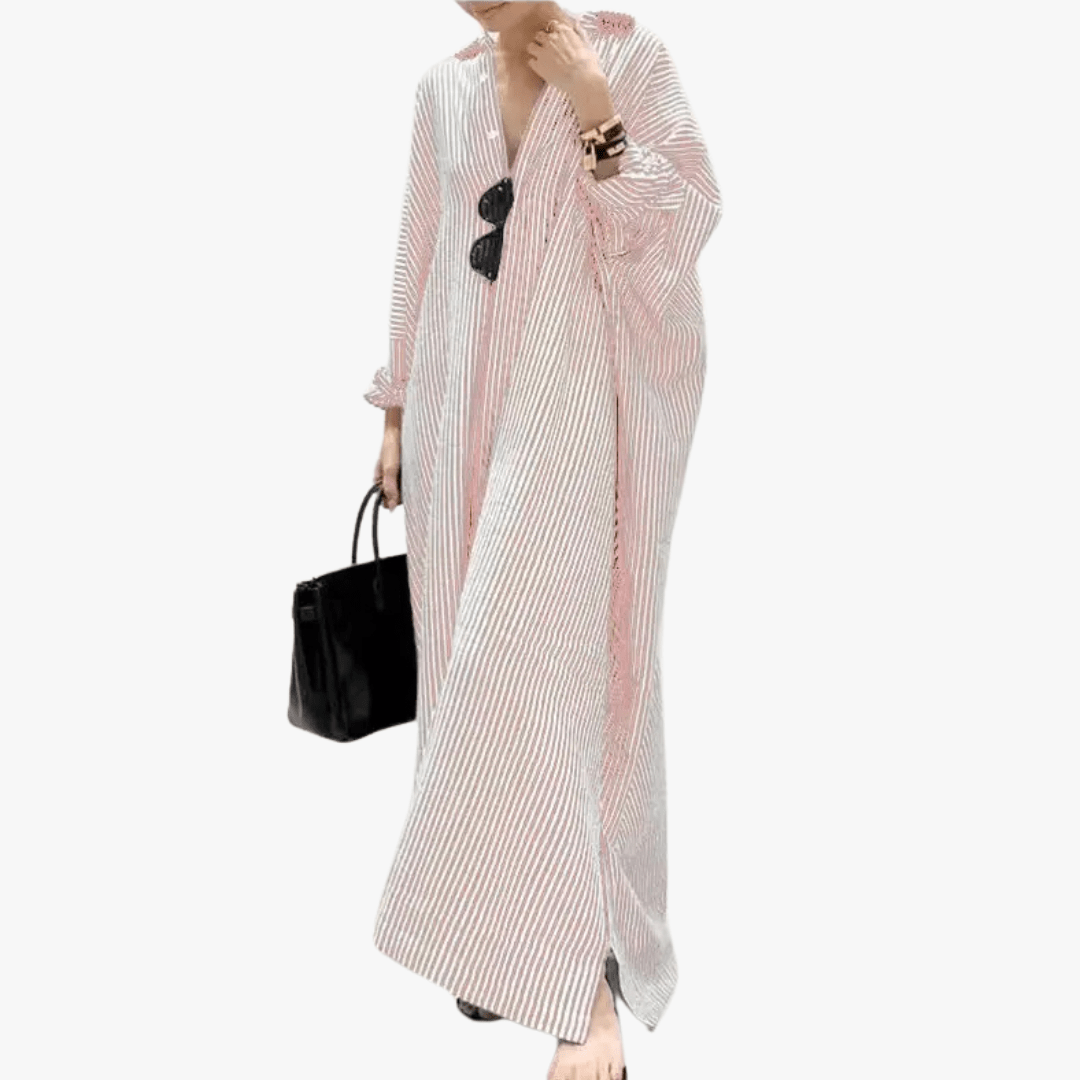 Mason | Women's Oversized Striped Cotton Kaftan Dress – Long Sleeve V - Neck Maxi - Mason Luxor
