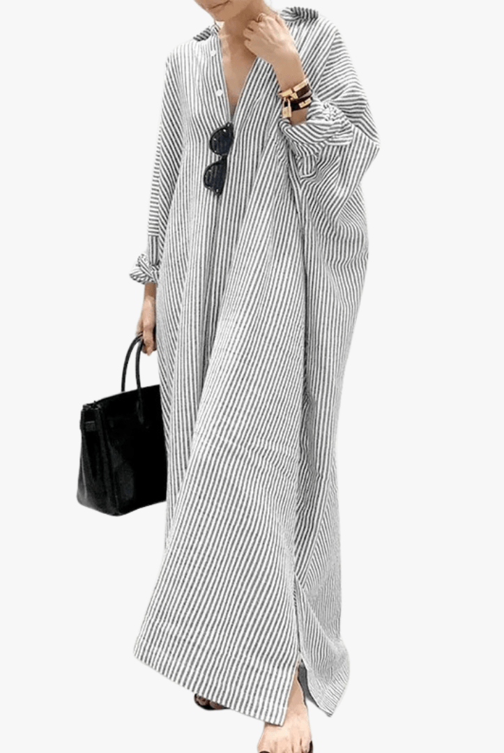 Mason | Women's Oversized Striped Cotton Kaftan Dress – Long Sleeve V - Neck Maxi - Mason Luxor