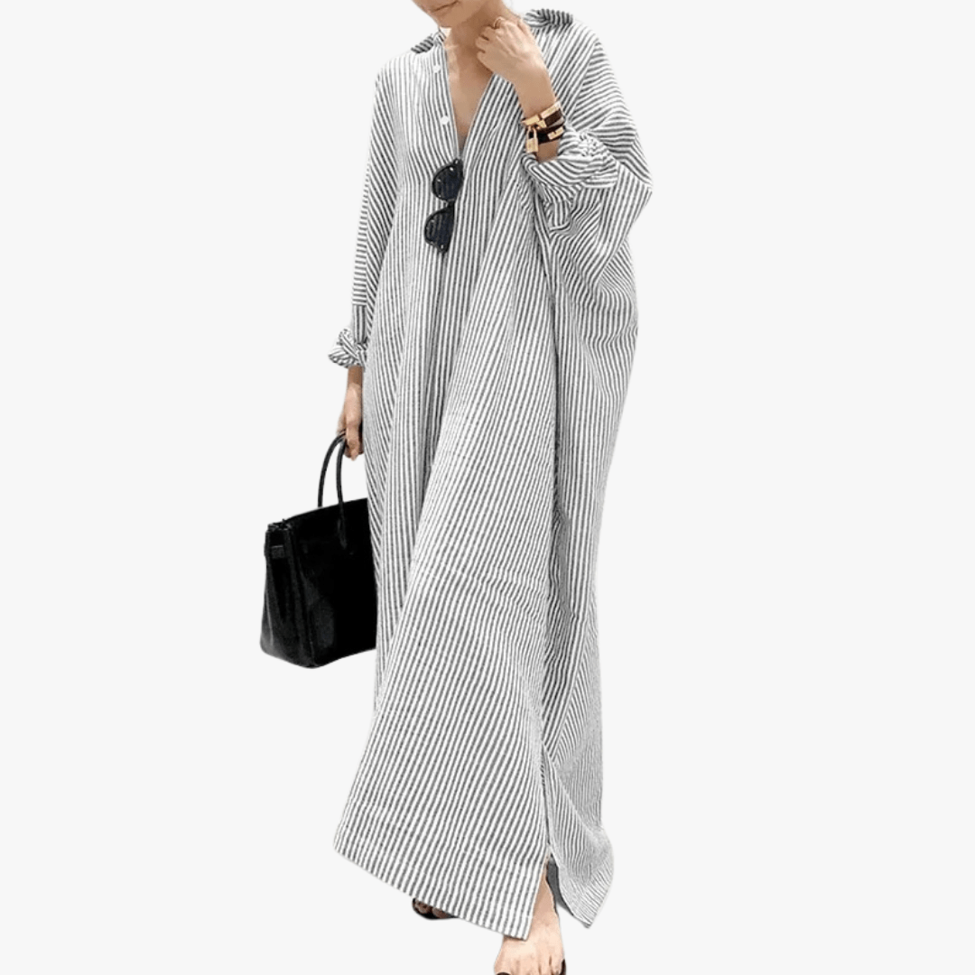 Mason | Women's Oversized Striped Cotton Kaftan Dress – Long Sleeve V - Neck Maxi - Mason Luxor