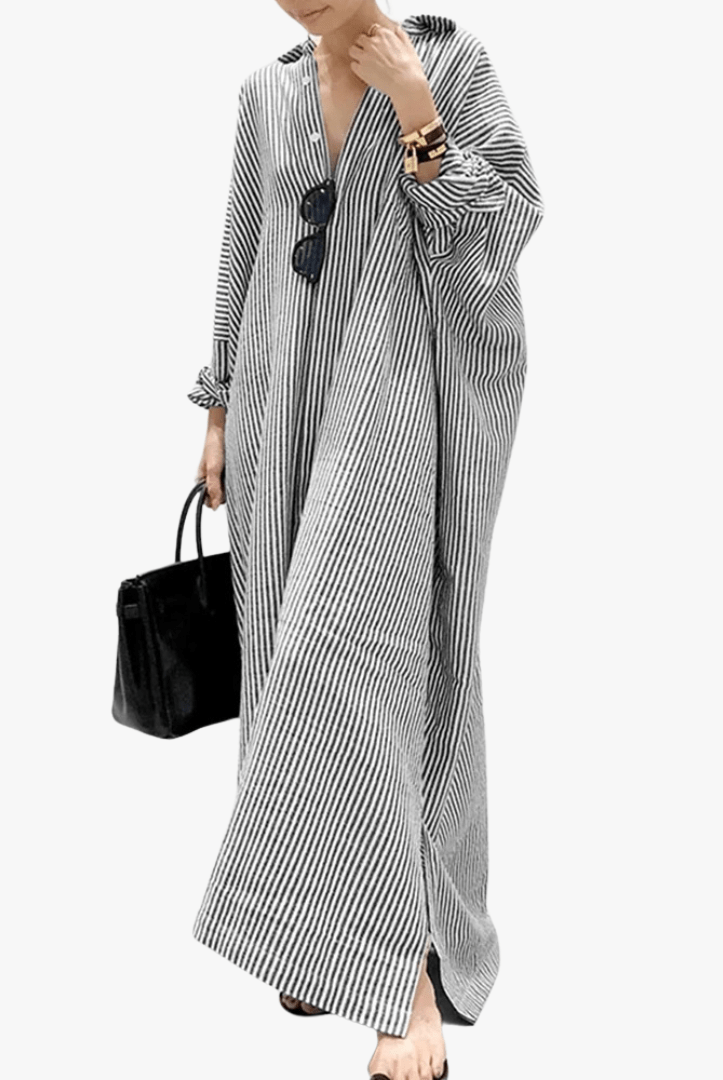 Mason | Women's Oversized Striped Cotton Kaftan Dress – Long Sleeve V - Neck Maxi - Mason Luxor Men Fashion