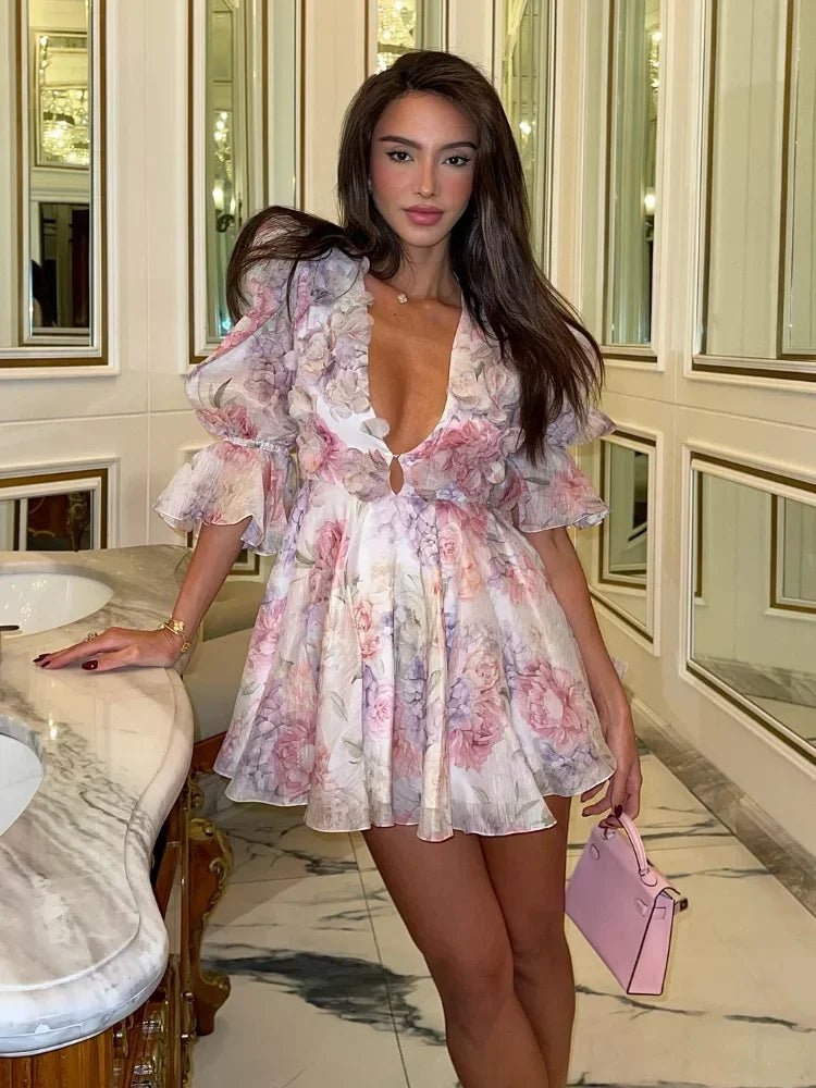 Lina | Romantic Ruffle Mini Dress with Deep V Neck - Mason Luxor