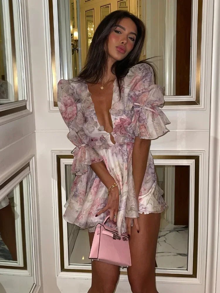 Lina | Romantic Ruffle Mini Dress with Deep V Neck - Mason Luxor