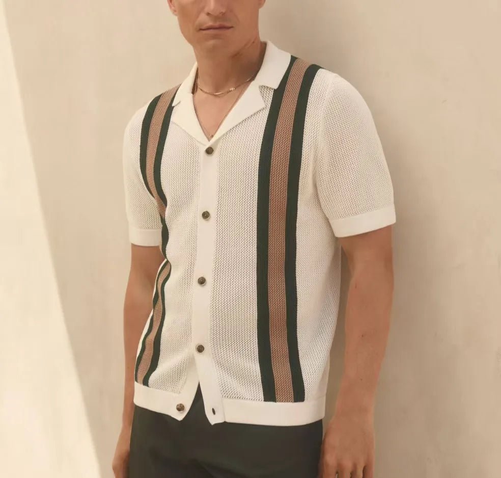 Mason | Men’s Knitted Polo Shirt – Retro Stripe Button - Up - Mason Luxor