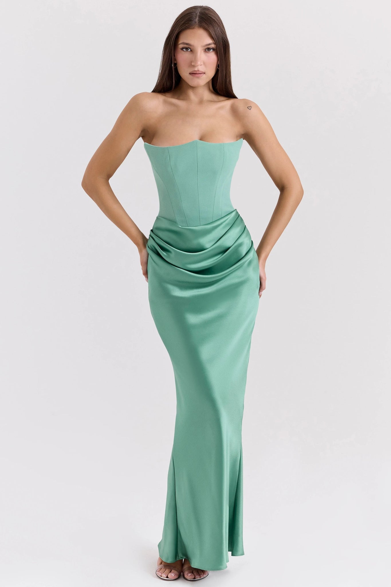 Mason | Strapless Wedding Guest Dresses – Elegant Maxi Gown with Side Slit & Scarf Detail - Mason Luxor