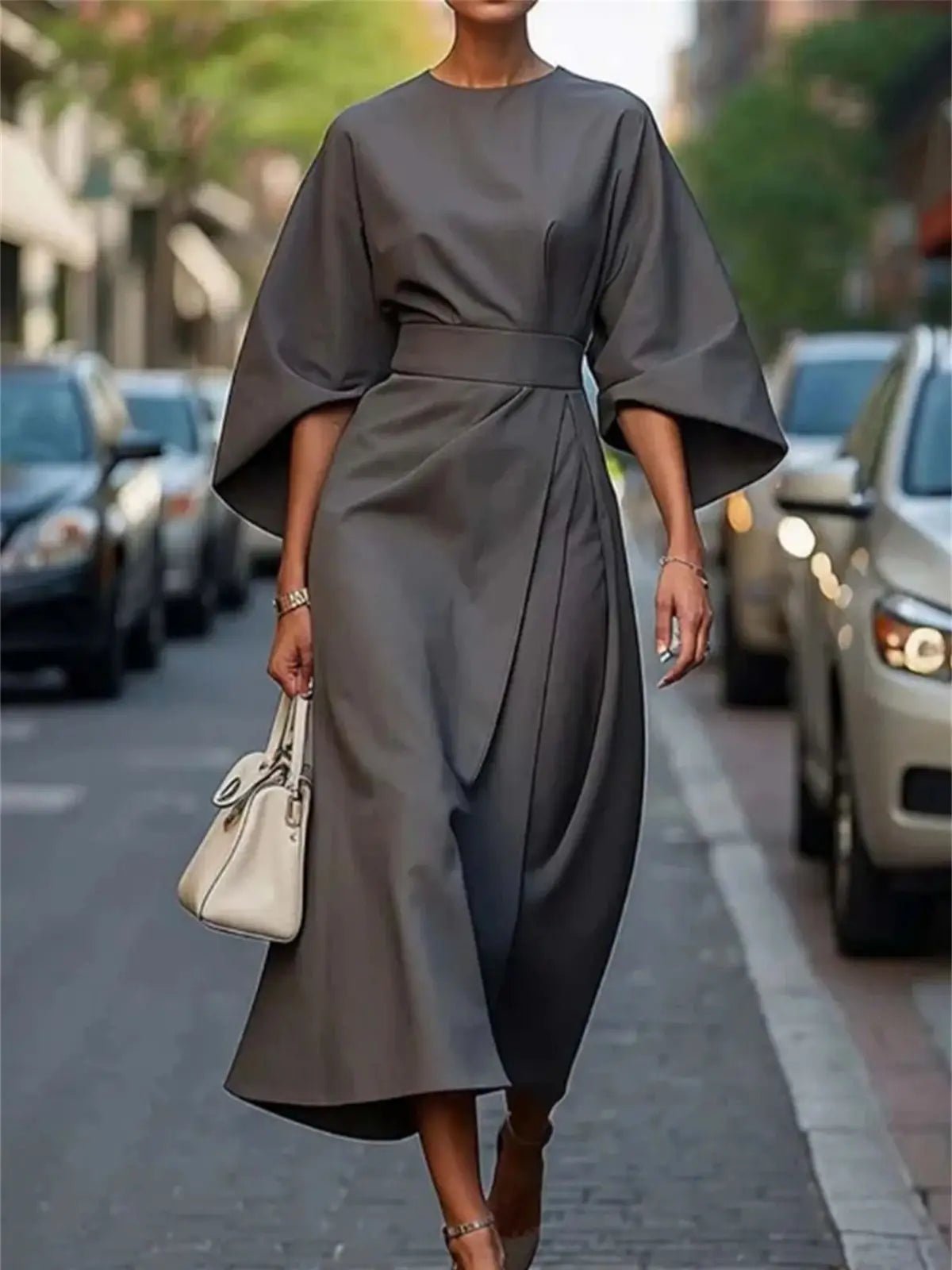 Mason | Structured A - Line Midi Dress with Belt and Bell Sleeves – Timeless Elegance - Mason Luxor Men Fashion