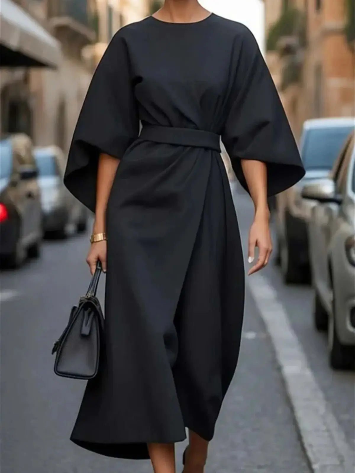 Mason | Structured A - Line Midi Dress with Belt and Bell Sleeves – Timeless Elegance - Mason Luxor Men Fashion