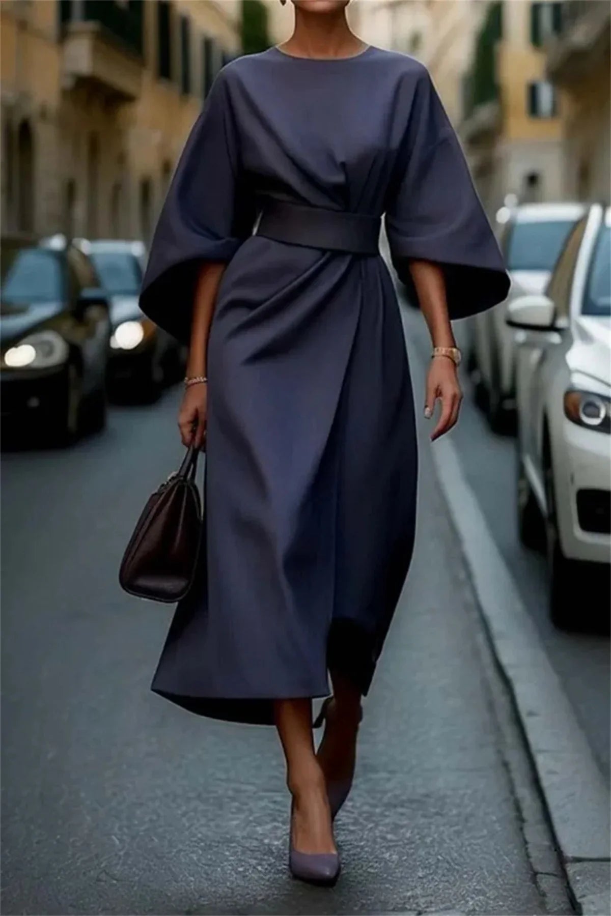 Mason | Structured A - Line Midi Dress with Belt and Bell Sleeves – Timeless Elegance - Mason Luxor Men Fashion