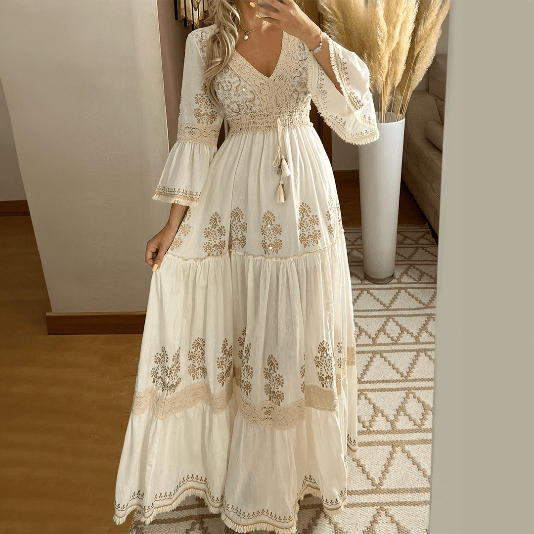 Mason | Women's Embroidered Boho Maxi Dress – Long Sleeve Tassel Waist Gown - Mason Luxor Men Fashion