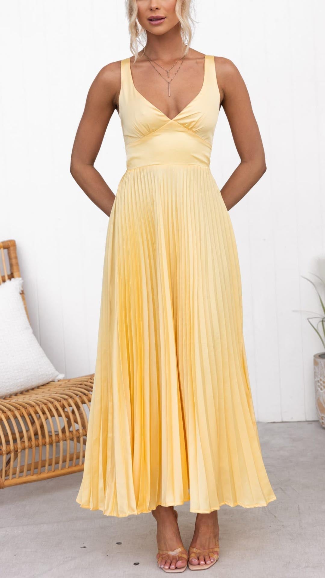 Mason | Women's Maxi Dress – Flowy Pleated V - Neck - Mason Luxor