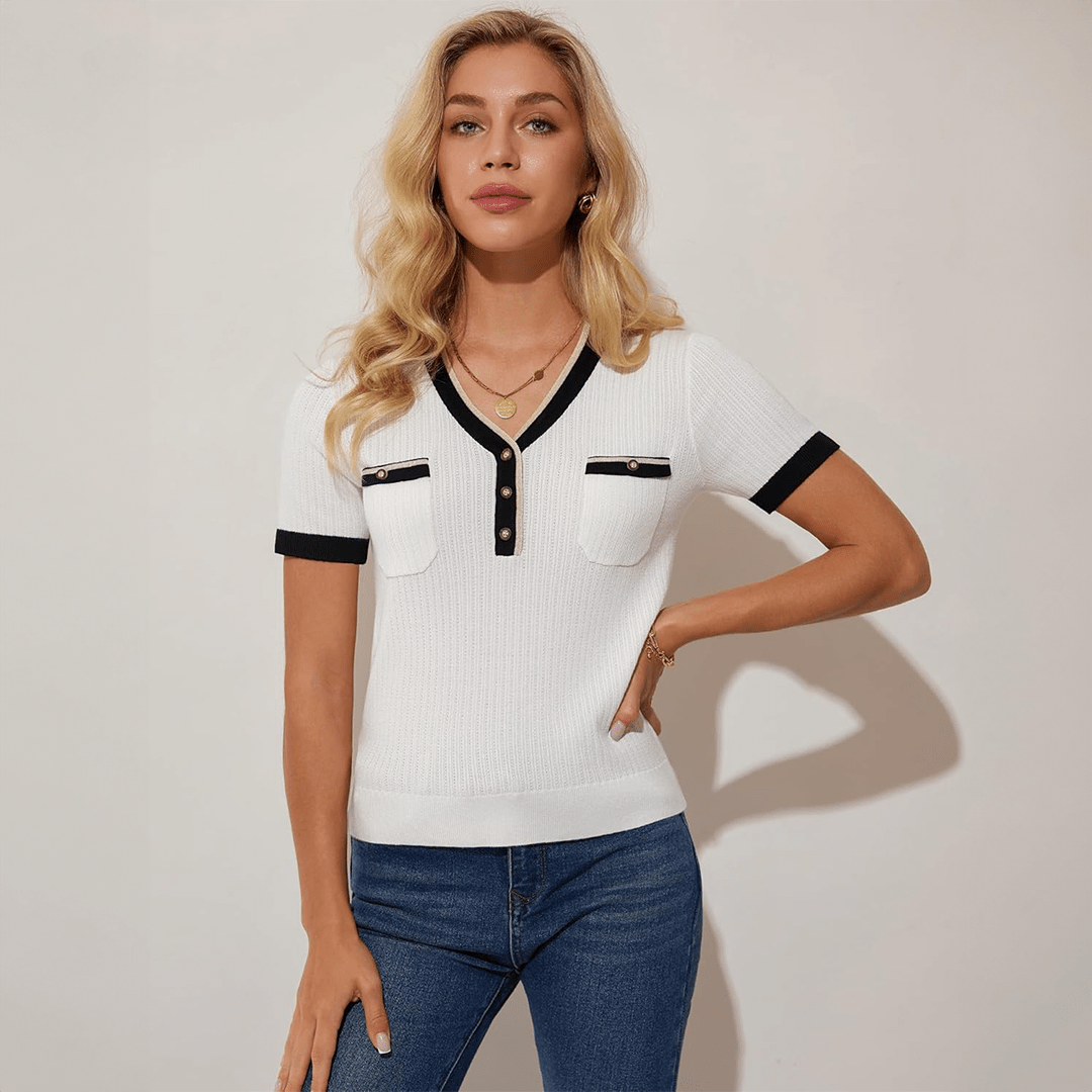 Mason | Women's Slim Fit Knit V - Neck Top – Short Sleeve Button Detail Blouse - Mason Luxor Men Fashion