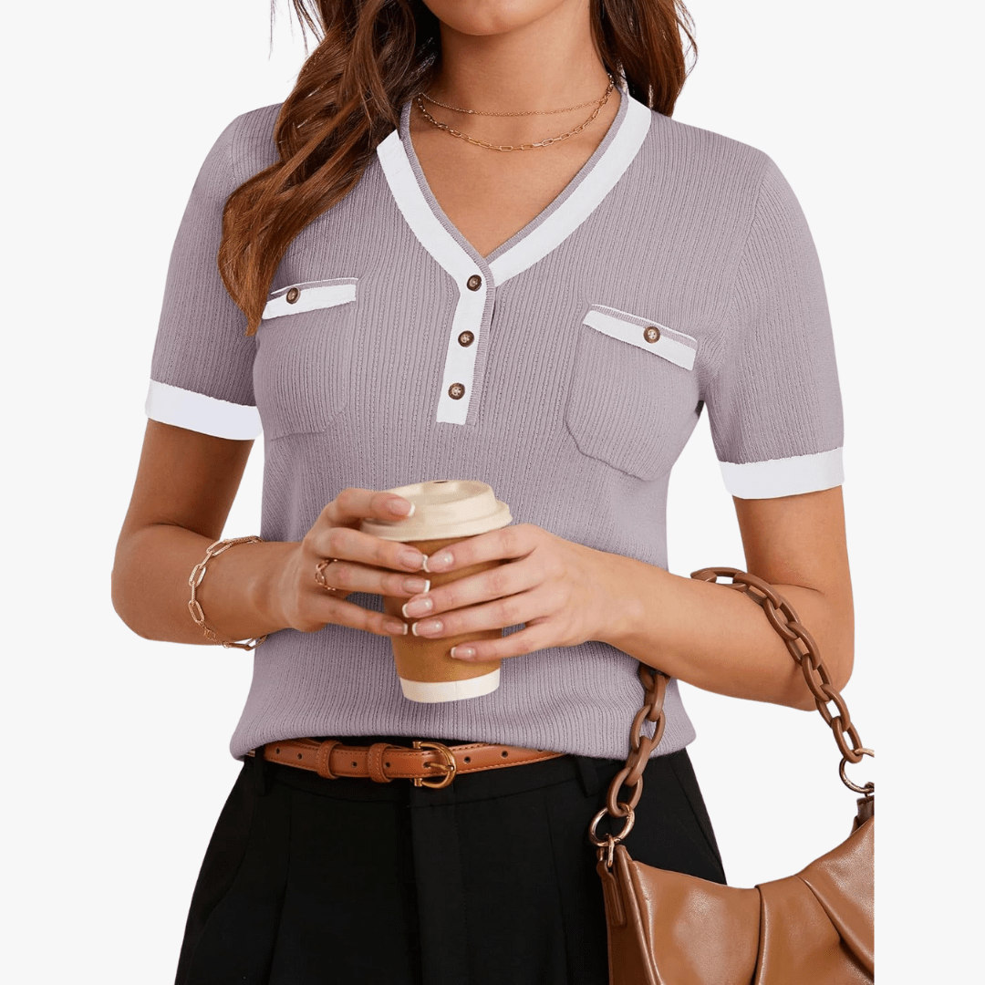 Mason | Women's Slim Fit Knit V - Neck Top – Short Sleeve Button Detail Blouse - Mason Luxor Men Fashion