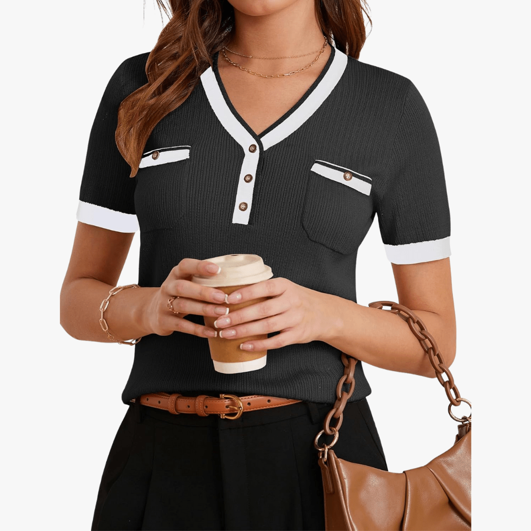 Mason | Women's Slim Fit Knit V - Neck Top – Short Sleeve Button Detail Blouse - Mason Luxor Men Fashion