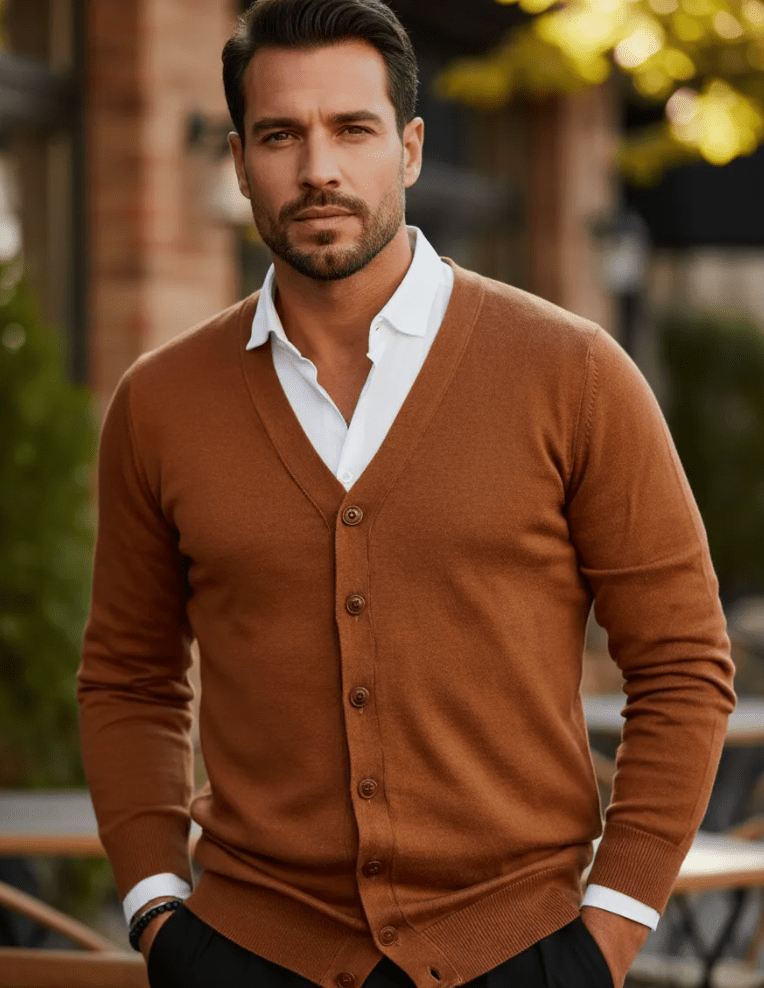 Men’s Camel Cardigan With V Neck | Classic - Mason Luxor