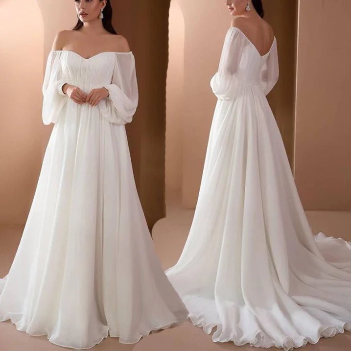 Women’s Wedding Dresses With Off Shoulder Sleeves | White - Mason Luxor