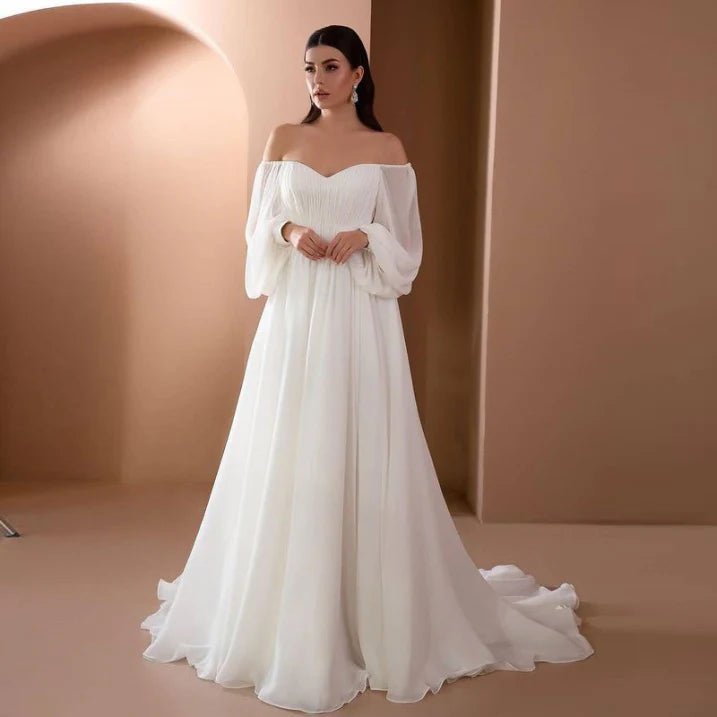 Women’s Wedding Dresses With Off Shoulder Sleeves | White - Mason Luxor