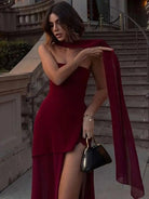 Elegant Strapless Chiffon Overlay Maxi Dress – Formal Gown with High Slit - Mason Luxor