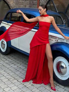 Elegant Strapless Chiffon Overlay Maxi Dress – Formal Gown with High Slit - Mason Luxor