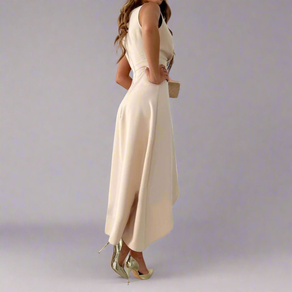 Celina Asymmetrical Midi Dress – Sophisticated V - Neck Dress with Draped Ruffle - Mason Luxor