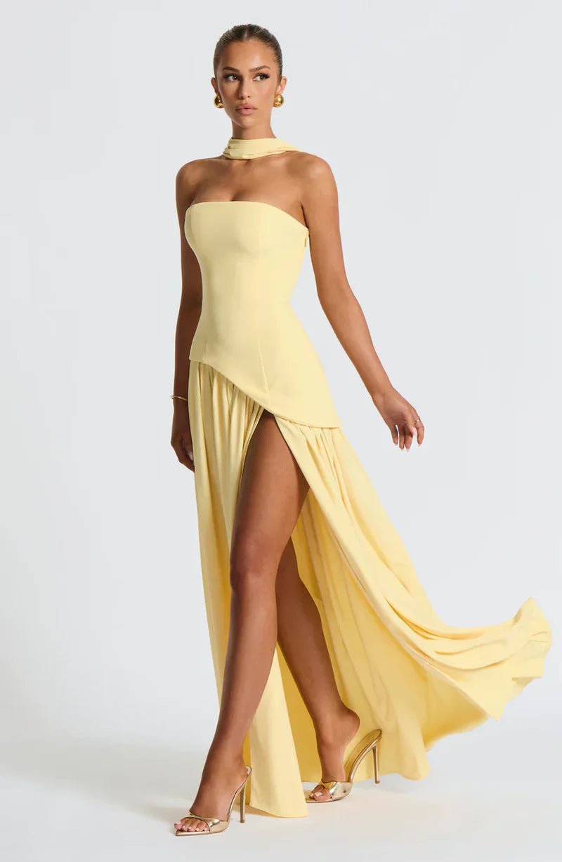 Celina | Strapless Draped Maxi Dress with Side Slit - Mason Luxor