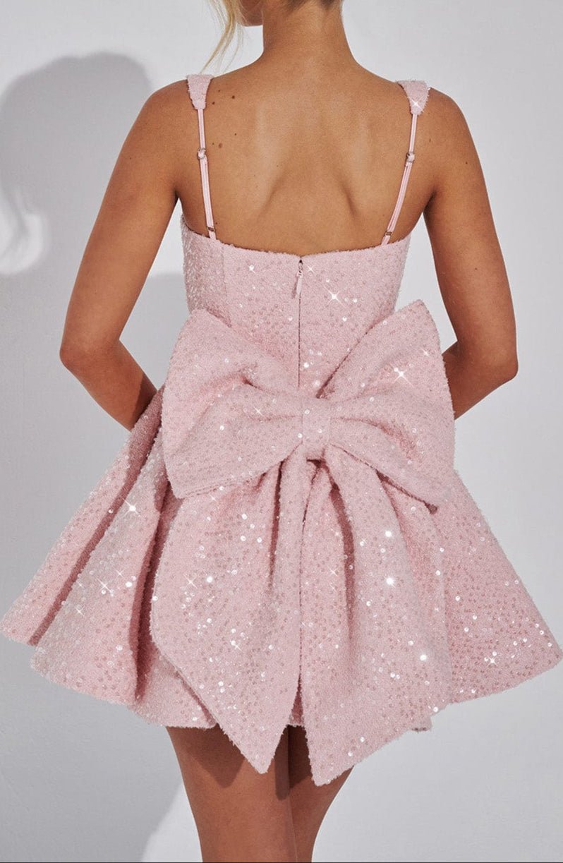 Dorothy Sequin Tweed Mini Dress – Sparkling Pink Statement with Removable Bow - Mason Luxor