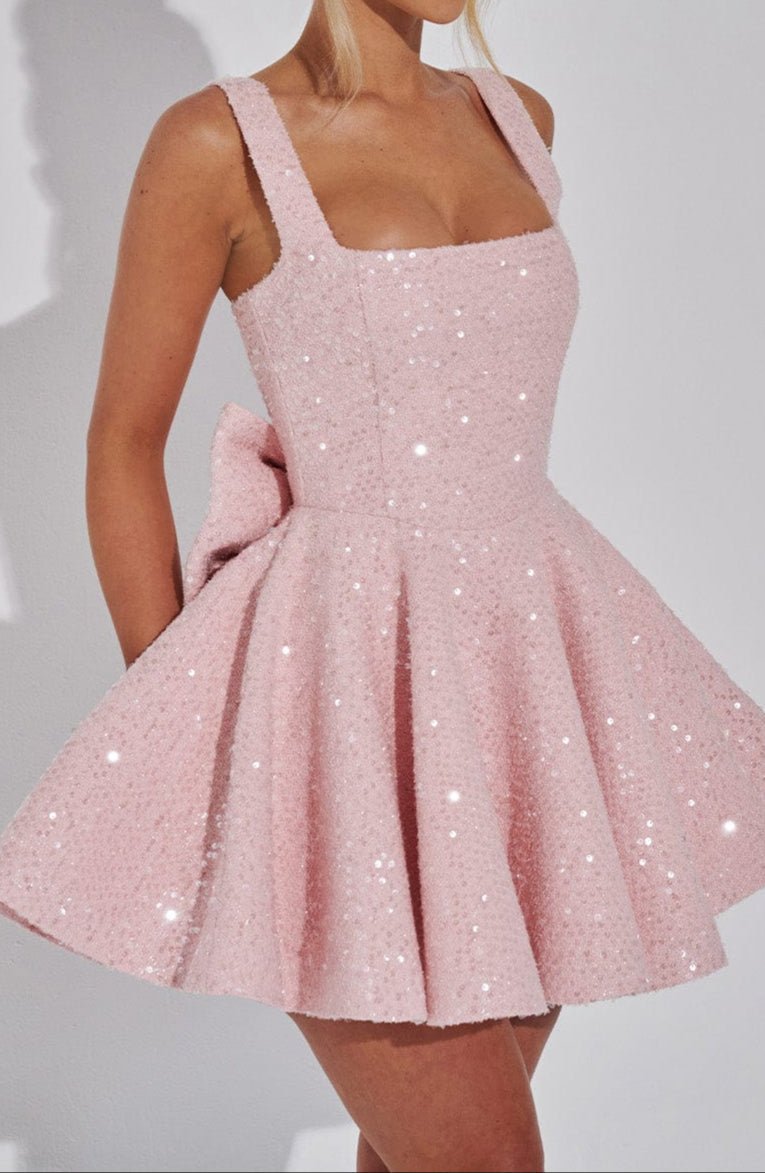 Dorothy Sequin Tweed Mini Dress – Sparkling Pink Statement with Removable Bow - Mason Luxor