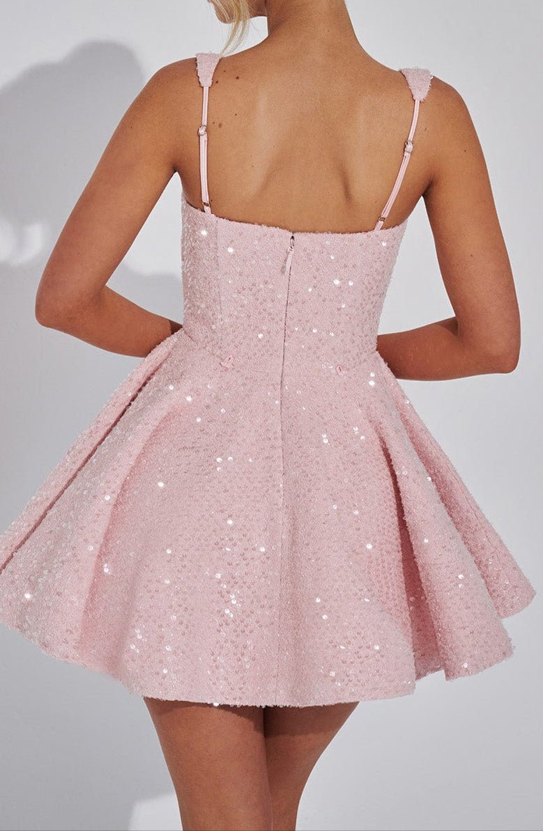 Dorothy Sequin Tweed Mini Dress – Sparkling Pink Statement with Removable Bow - Mason Luxor