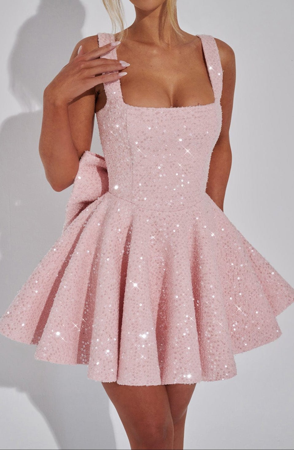 Dorothy Sequin Tweed Mini Dress – Sparkling Pink Statement with Removable Bow - Mason Luxor