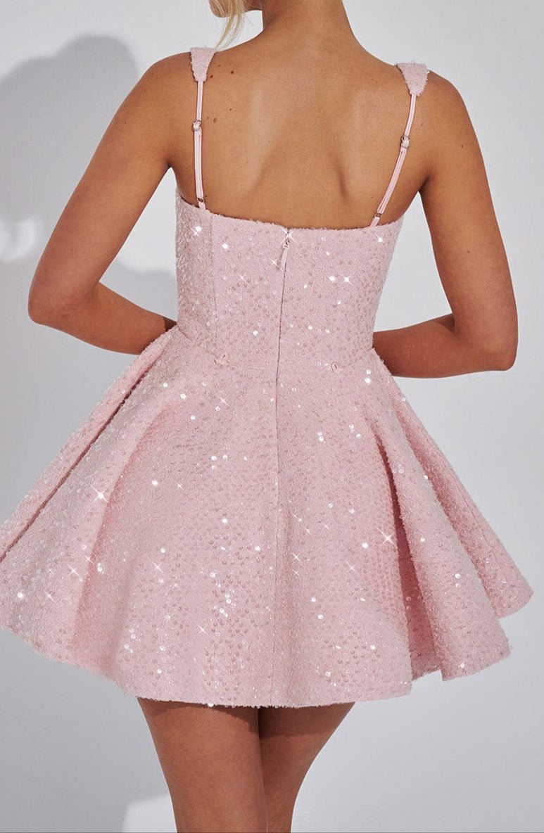Dorothy Sequin Tweed Mini Dress – Sparkling Pink Statement with Removable Bow - Mason Luxor