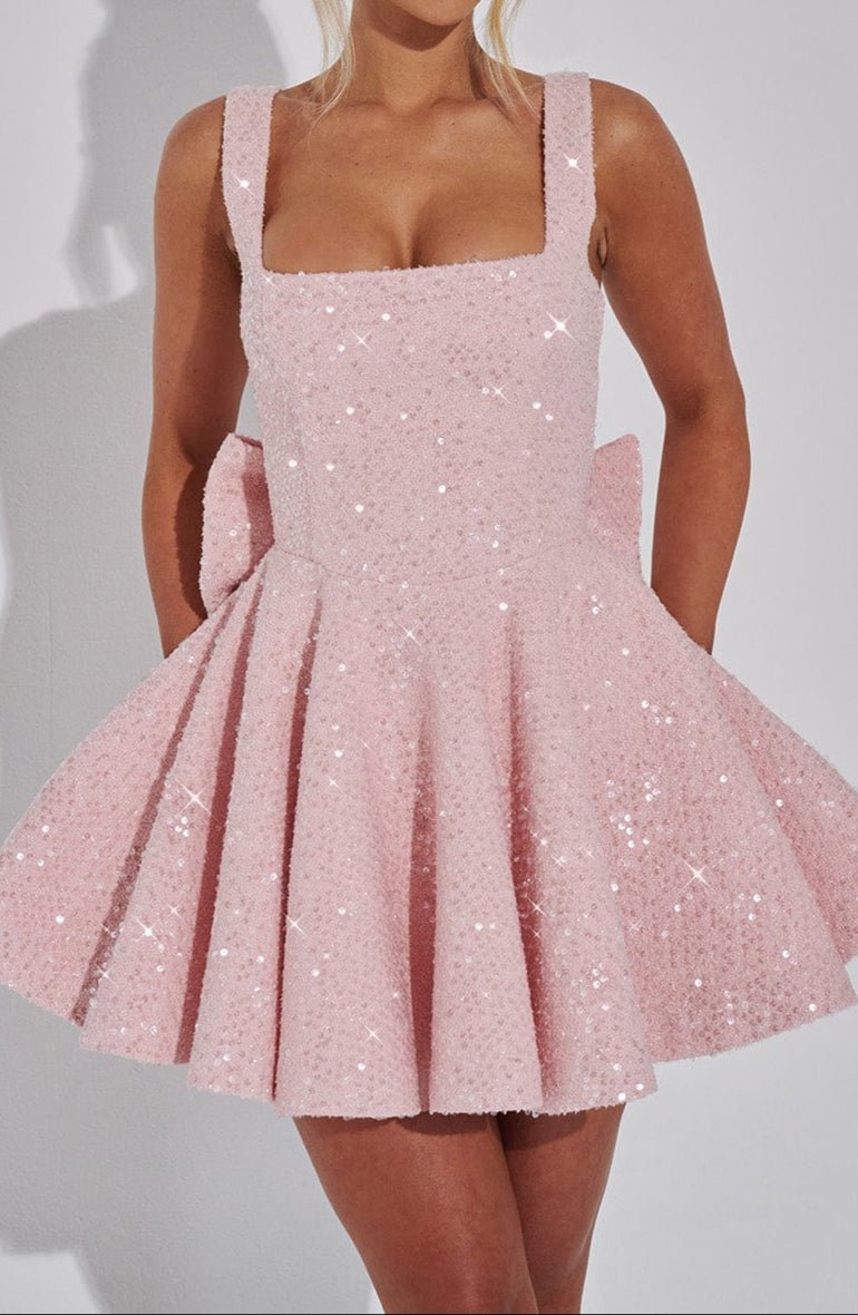 Dorothy Sequin Tweed Mini Dress – Sparkling Pink Statement with Removable Bow - Mason Luxor