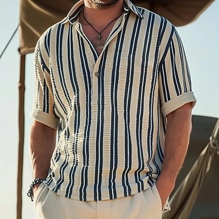 Mason | Classic Striped Cotton Shirt for Men – Breathable Summer Buttoned V - Neck - Mason Luxor