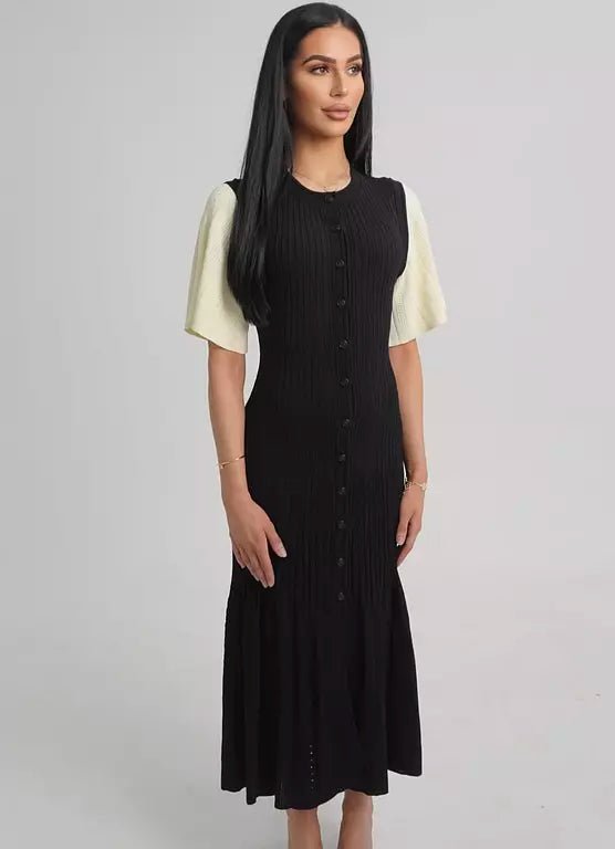 Mason | Knit Button Midi Dress – Contrast Sleeve Style - Mason Luxor