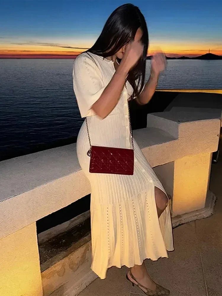 Mason | Knit Button Midi Dress – Contrast Sleeve Style - Mason Luxor