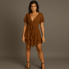 Mason Luxor Luxury Fashion Clothes Mason | Women's Dress Deep V-Neck Long Sleeve Waist Tie Ruffle Mini Swing Skater Dresses