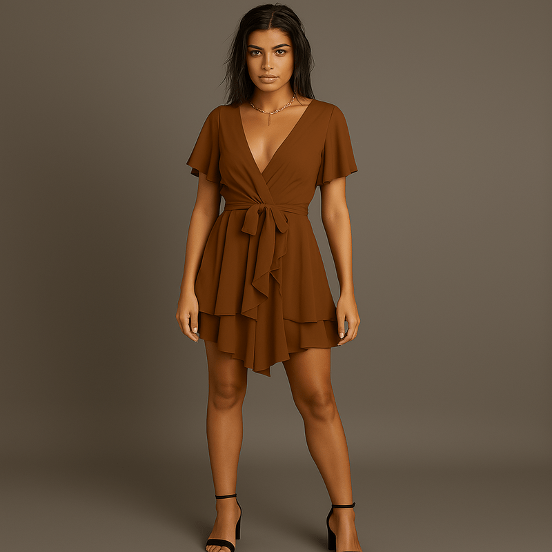 Mason Luxor Luxury Fashion Clothes Mason | Women's Dress Deep V-Neck Long Sleeve Waist Tie Ruffle Mini Swing Skater Dresses